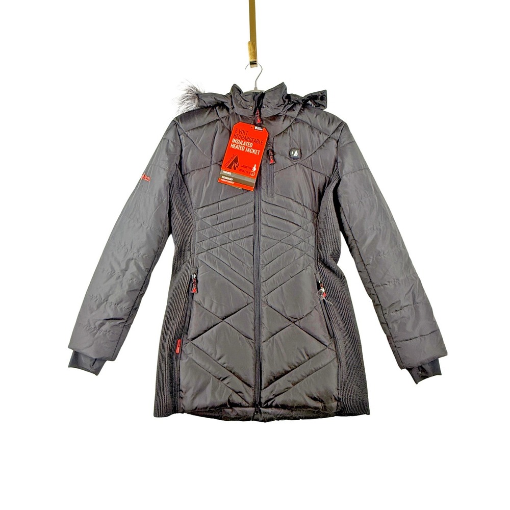 ActionHeat 5V Heated Jacket Womens Medium Long Puffer Hooded Fur Trim Black NEW